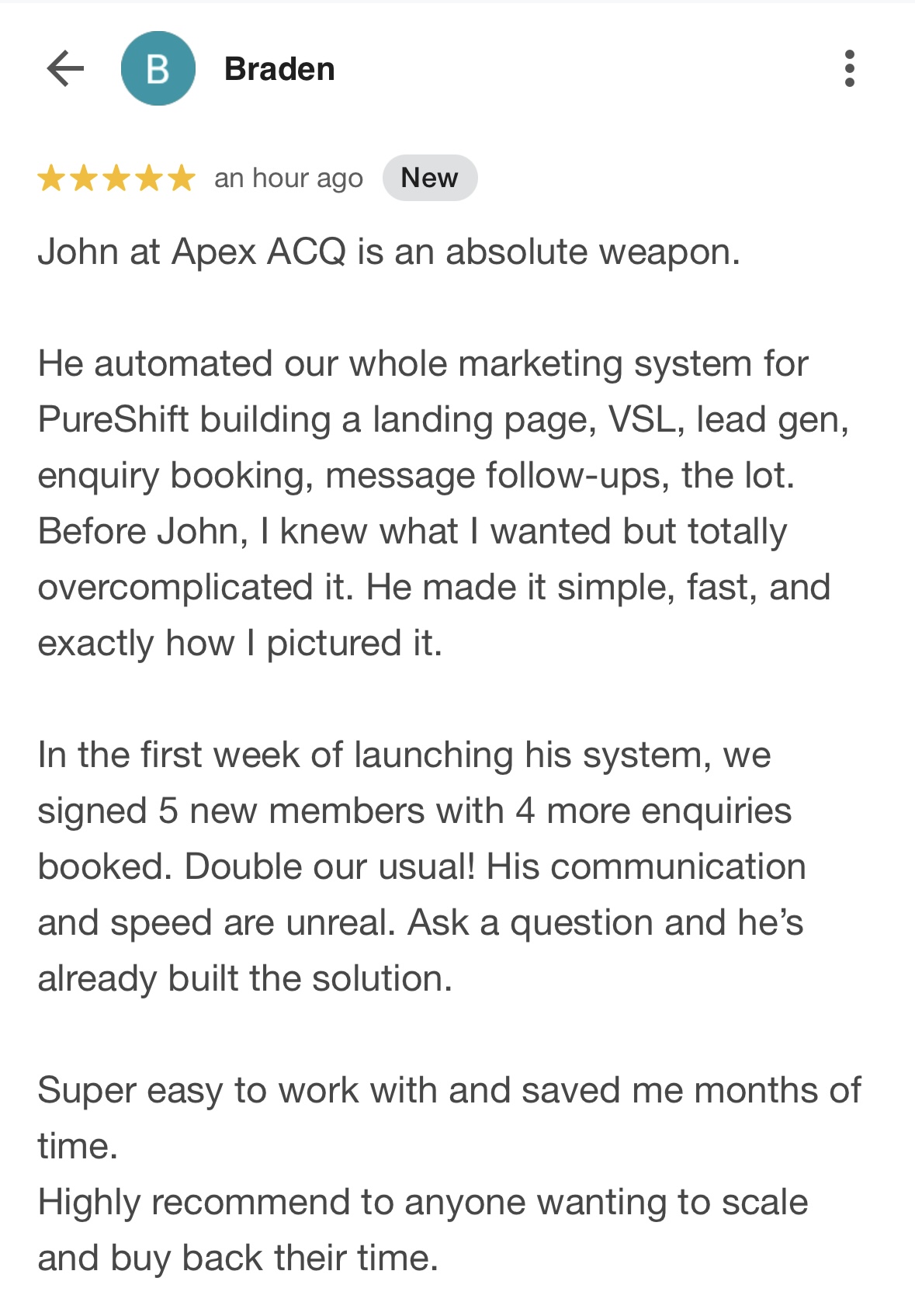Braden full Google Review on Apex ACQ