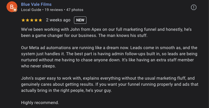 Blue Vale Films 5-star Google Review